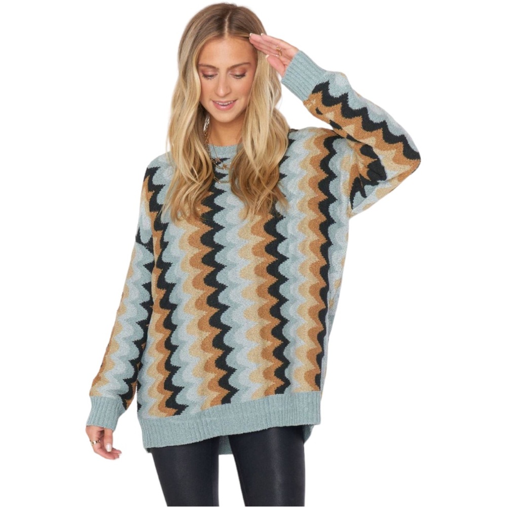 Show Me Your Mumu Retro Wave Knit Comfy Oversized Sweater Blue Size Medium